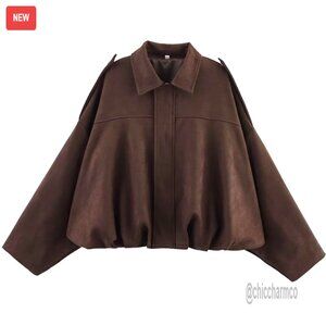 Faux Suede Bomber Jacket Oversized Pilot Coat Zip Up Streetwear